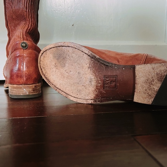 🧡 Frye Cognac Knee-high Pull-on Tall Leather Boots Narrow Calf - Picture 4 of 6